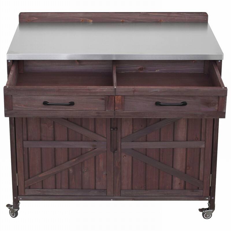 2-Piece Outdoor Kitchen Island Set with Stainless Steel Top and Sink, Drawer and Cabinets for Outdoor Storage w/ Wheels