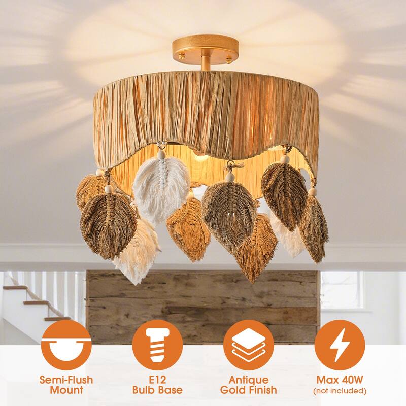 15.7" 4-Light Bohemian Antique Gold Handwoven Raffia Ceiling Light with ...