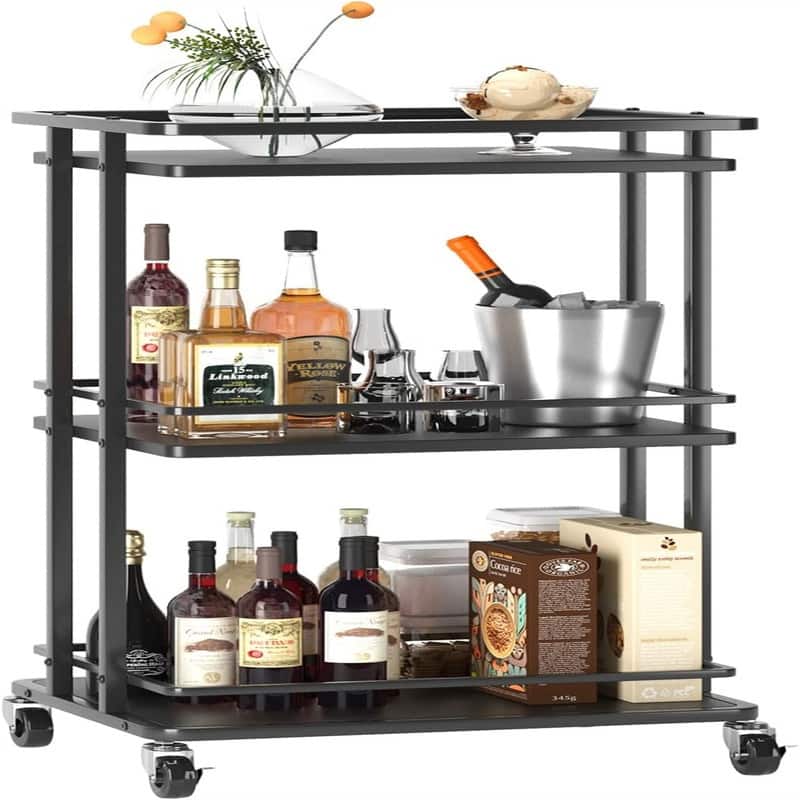 Rolling Mini Liquor Bar for Wine Beverage Dinner Party - 12.6"D x 15.75"W x 32.09"H - 3 Tier Rustic Black