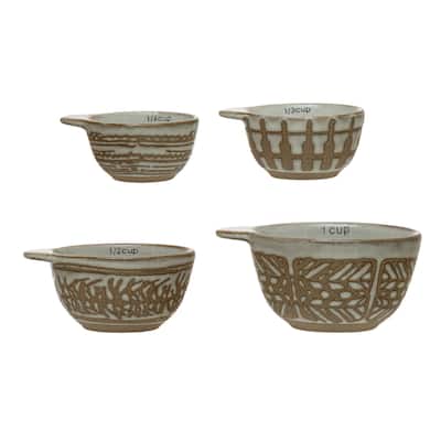 Stoneware Measuring Cups with Wax Relief Pattern, White, Set of 4