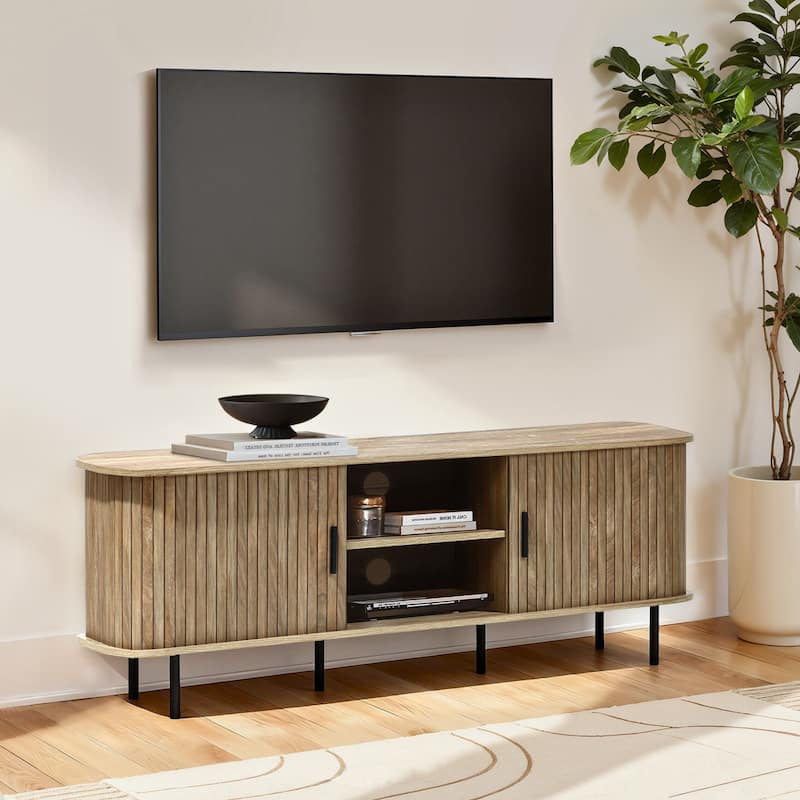 Mid-Century Modern 2-Door 55.1-Inch Wide TV Console with Slatted Slidng Doors - 21.7" H x 55.1" W x 15.75" D