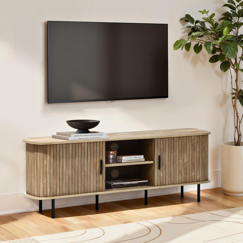 Mid-Century Modern 2-Door 55.1-Inch Wide TV Console with Slatted Slidng Doors - 21.7" H x 55.1" W x 15.75" D