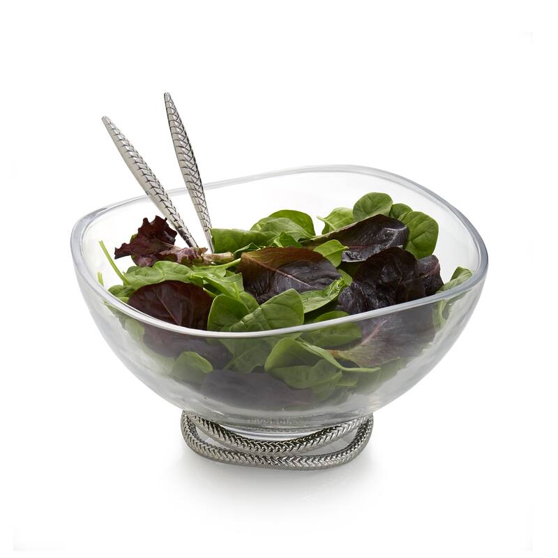 Nambe Braid Glass Salad Bowl with Servers - Bowl: 12"D x 6"H; Servers: 10.5"L x 2.5"W