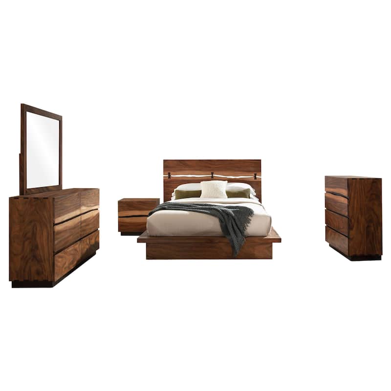 Zeko 5pc Queen Bedroom Set, Plinth Base, Live Edge, Smoky Walnut Brown
