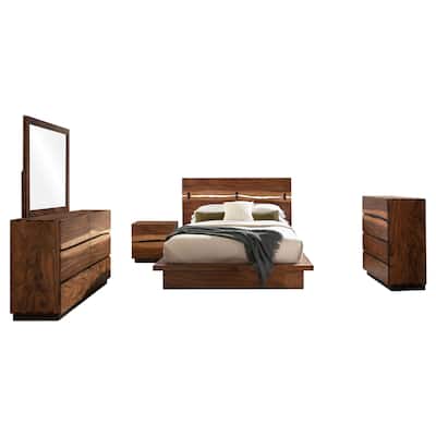 Zeko 5pc Queen Bedroom Set, Plinth Base, Live Edge, Smoky Walnut Brown
