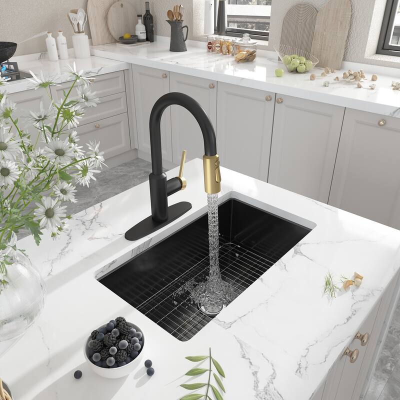 3-Function Single Handle Pull Down Sprayer Kitchen Faucet - Matte Black & Brushed Gold