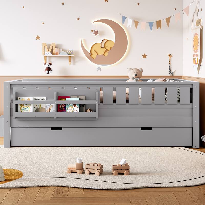 Full/Twin Loft Bed with Bookshelves, Safety Stairs & Trundle