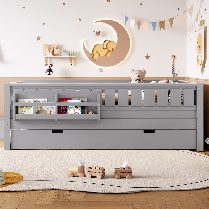 Roomfitters Floor Bed with Bookshelf and Trundle, Low Profile Frame with Step Entry