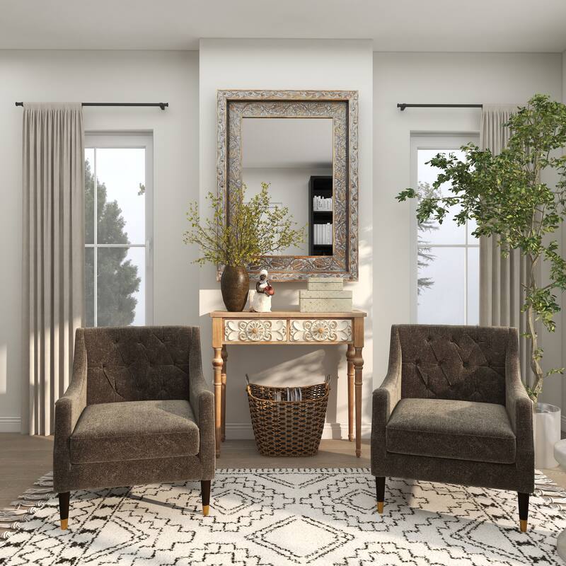 Gray Wood Handmade Intricately Carved Floral Room Wall Mirror