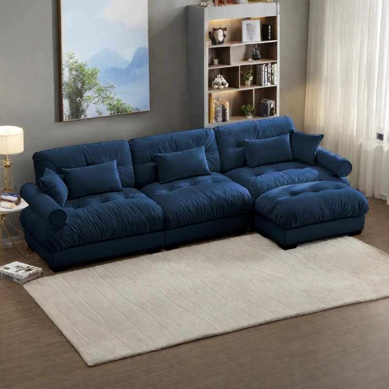 130" 3-Seat Velvet Oversized Modular Sectional Sofa with Movable Ottoman, Bolstered Armrests, and Cloud Cushions
