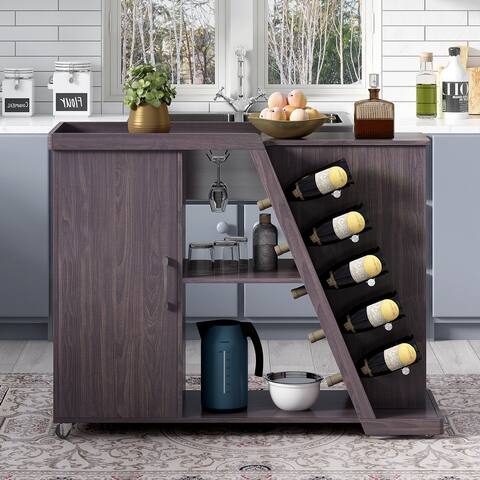 Kitchen Island Cart on Wheels with Adjustable Shelf and 5 Wine Holders