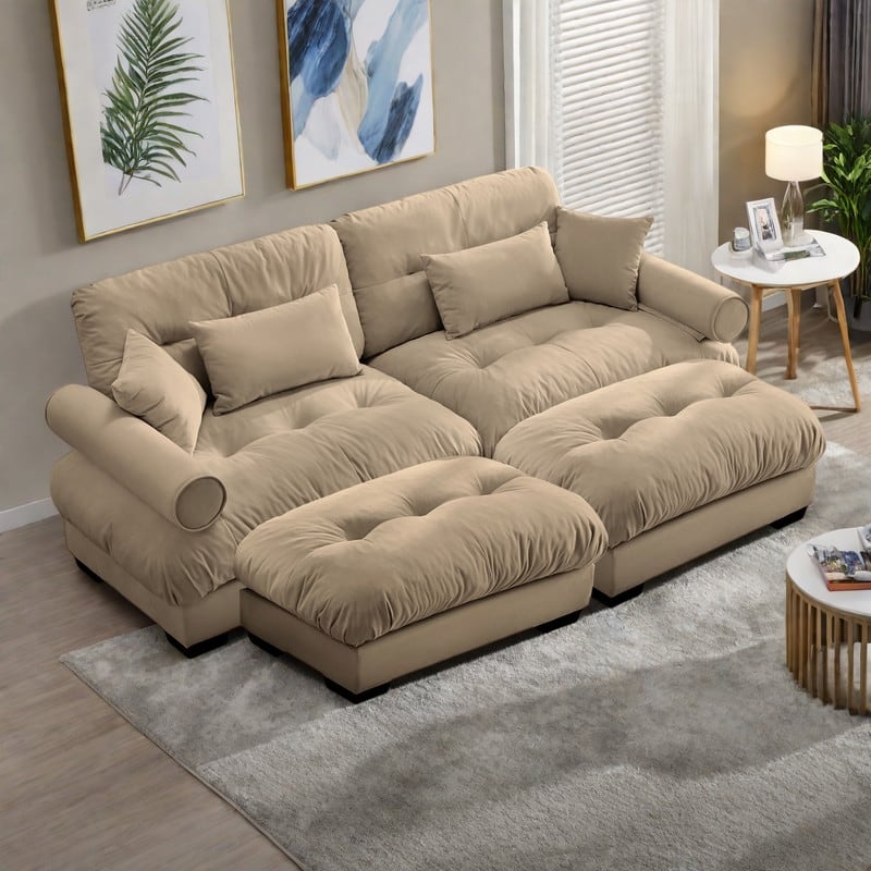 93.7" Oversized Velvet 2-Seater Sofa with Ottoman, Round Bolster Armrests, and Included Pillows