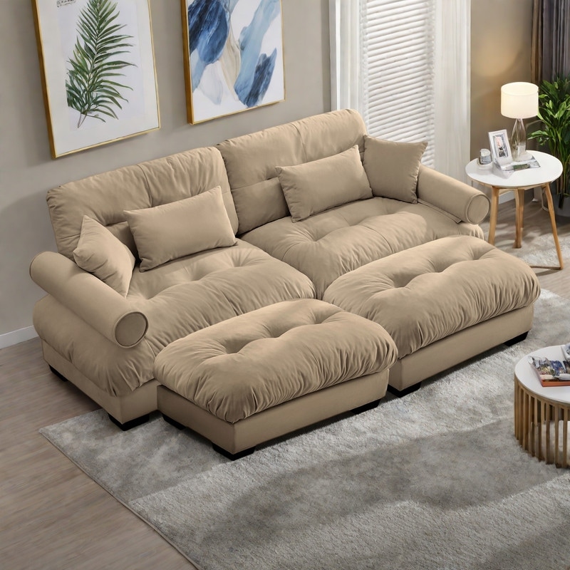 93.7" Oversized Velvet 2-Seater Sofa with Ottoman, Round Bolster Armrests, and Included Pillows