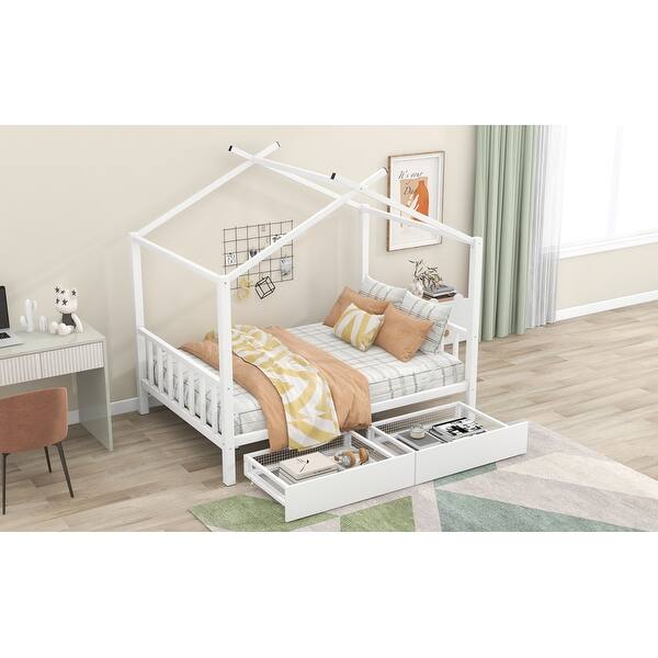 slide 2 of 34, Full Metal House Platform Bed with Drawers and Roof White