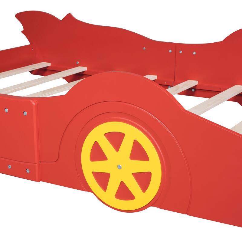 Full Race Car Bed with Wheels, Safety Rails, and Durable Wood Frame