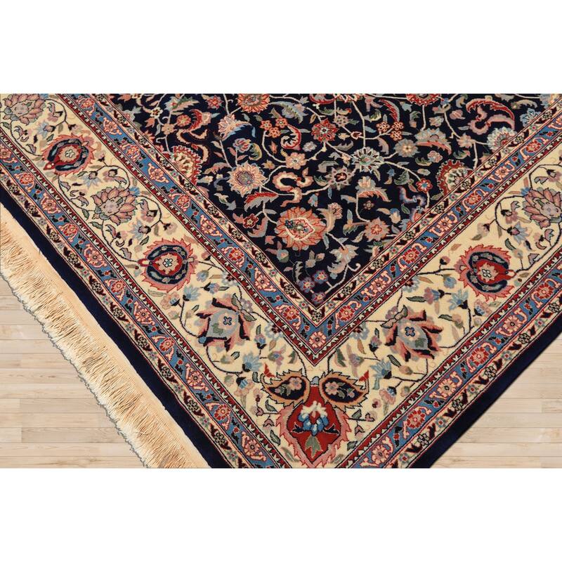 8'1''x10'3'' Hand Knotted New Zealand Wool Navy Kashaan Botanical 200 KPSI Rug - 8' 1'' x 10' 3''