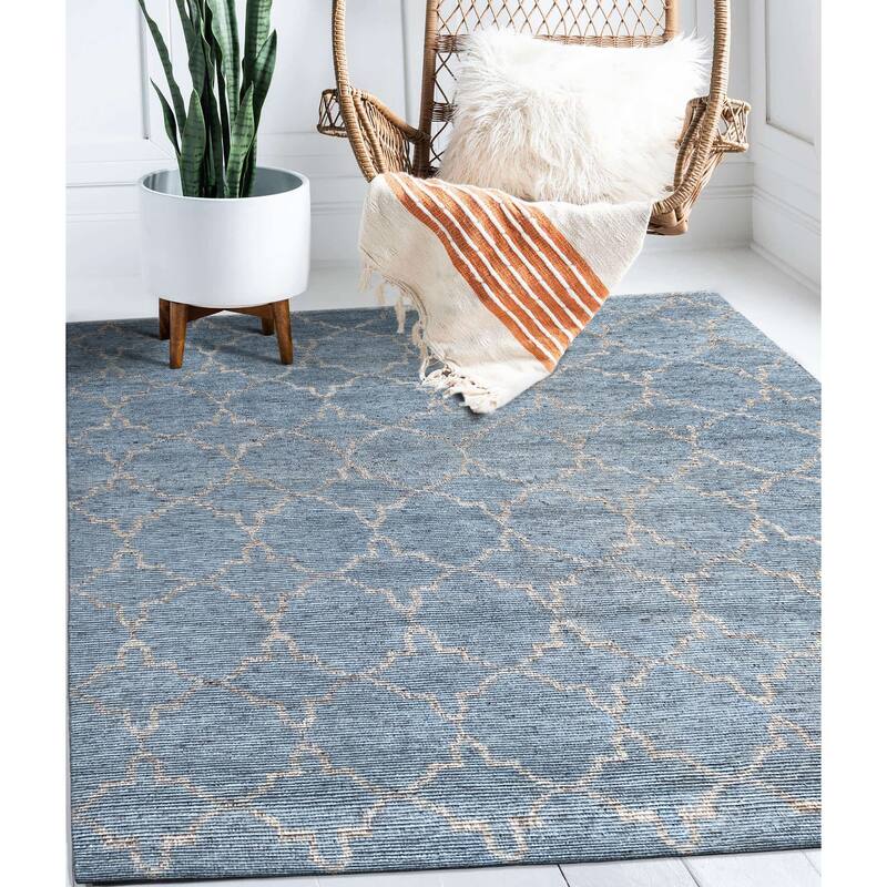 Home Decor Hand-Knotted Wool Blue/Silver Contemporary Tiled Agra Rug Luxurious & Stylish Area Rug for Adding Modern Elegance