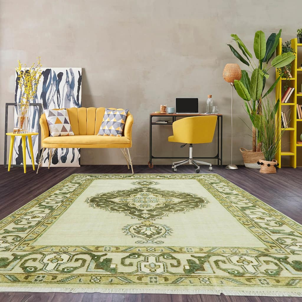 Beige Medallion Oushak Wool Rug 8x10 Hand Knotted by LoomBloom - 8' 1'' x 10'