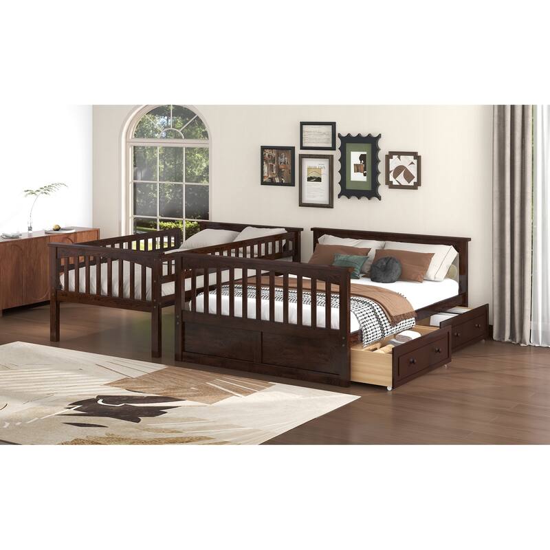 Wooden Storage Bunk Bed Frame with Fence-shaped Guardrails and Pull-out Drawers, Convertible 2 Platform Beds, Detachable Design