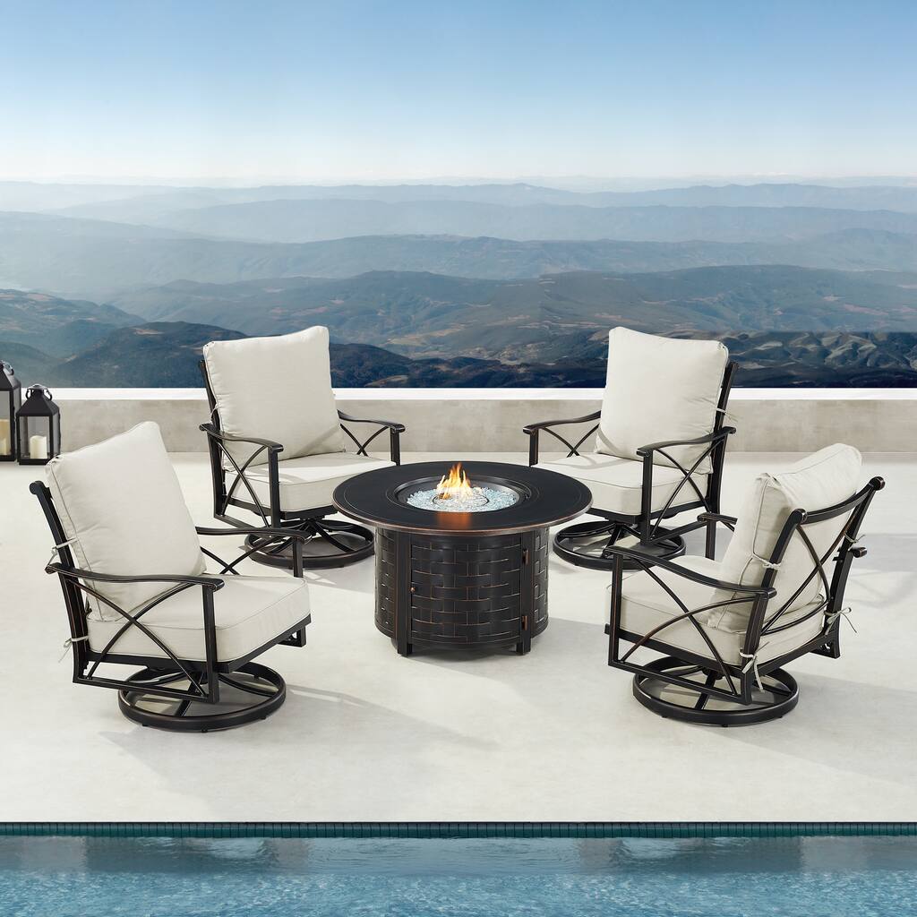 Black Aluminum Fire Table Set with Four Club Chairs