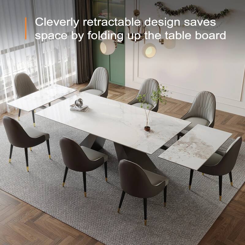 9 - Piece 110.24'' Extendable Sintered Stone Dining Table and 8 Leather Chairs Dining Set