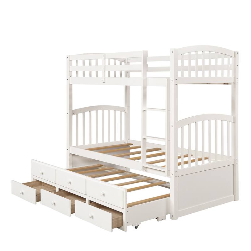 Twin Over Twin Bunk Bed with Trundle and Drawers, White, for Teens and Guest Rooms