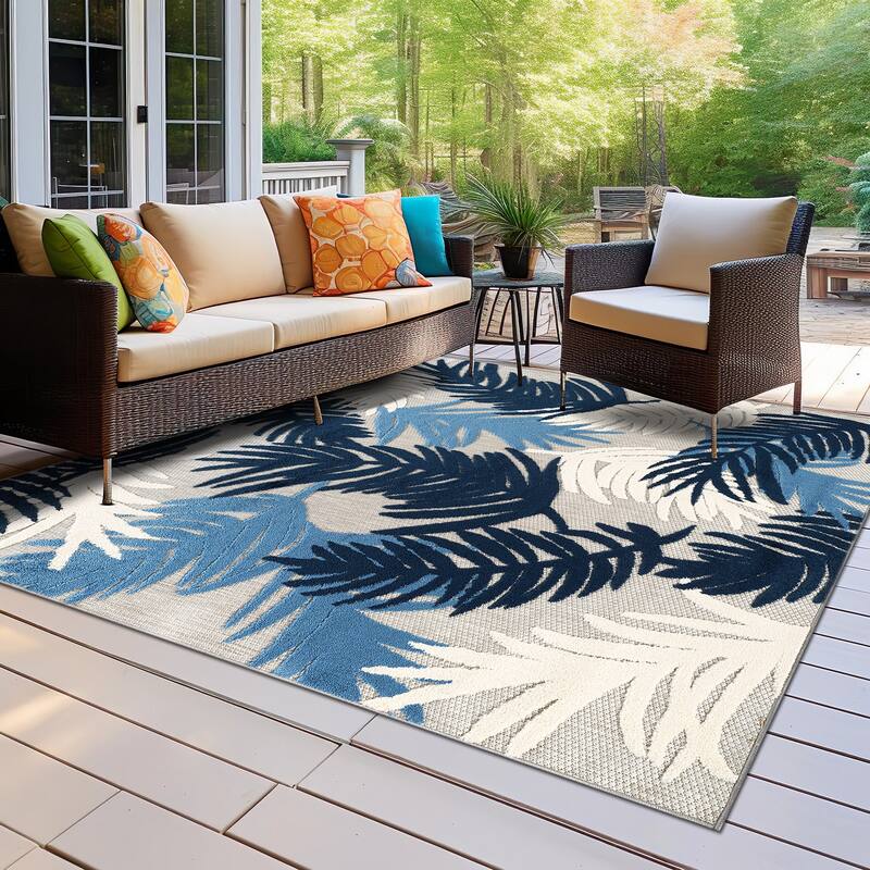 World Rug Gallery Tropical Floral Modern Indoor/Outdoor Area Rug - 6' 6" SQUARE - Navy