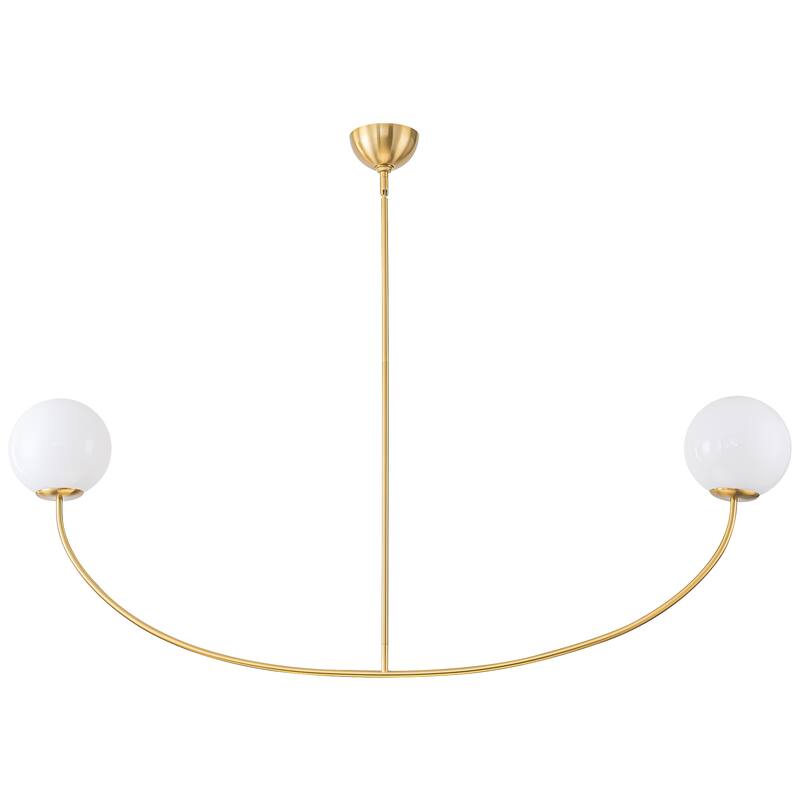 55" Modern Linear 2-Light Brass Finish Island Pendant with Milk White Glass Globe Shades for use in Dining Room