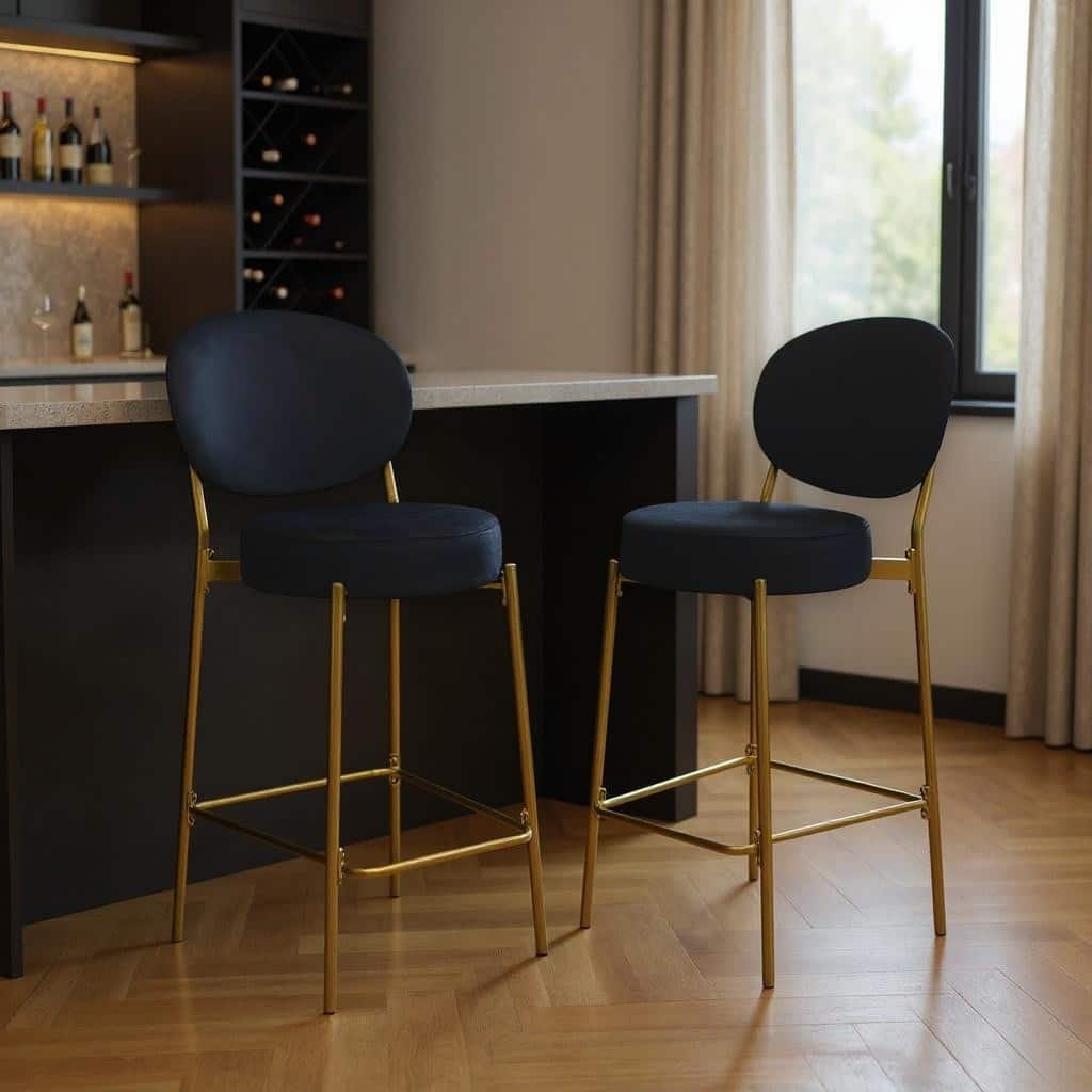 HomeRoots Set of Two 29" Black and Gold Velvet and Metal Low Back Bar Height Bar Chairs