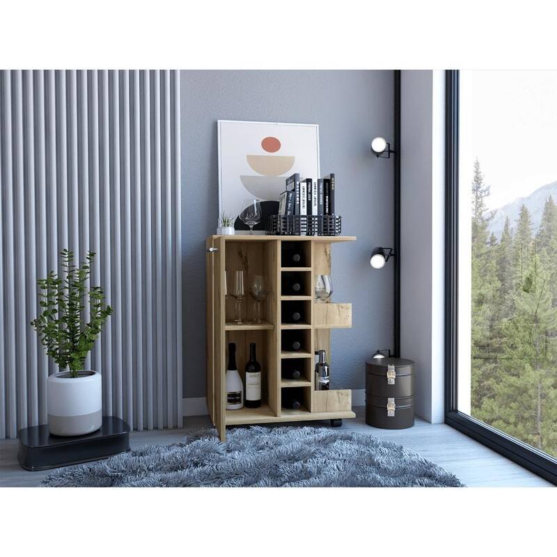 Black 32" H Bar-Coffee Cart with 6 Bottle Cubbies, 2 Open Shelves, and Locking Casters for Kitchen & Bar