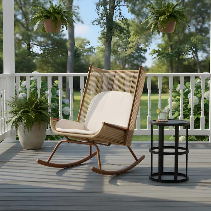 Christopher Knight Home - Siena High Arc Back Outdoor Rocking Chair Set with Cushions and Ceramic Tile Side Table - Brown+Beige+Black - 2-Piece Set