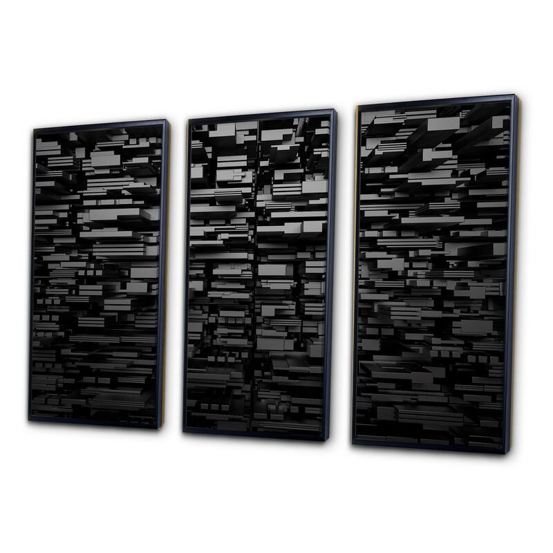 Designart "Black 3D Geometric Background" Abstract Framed Artwork Set of 3 - 4 Colors of Frames