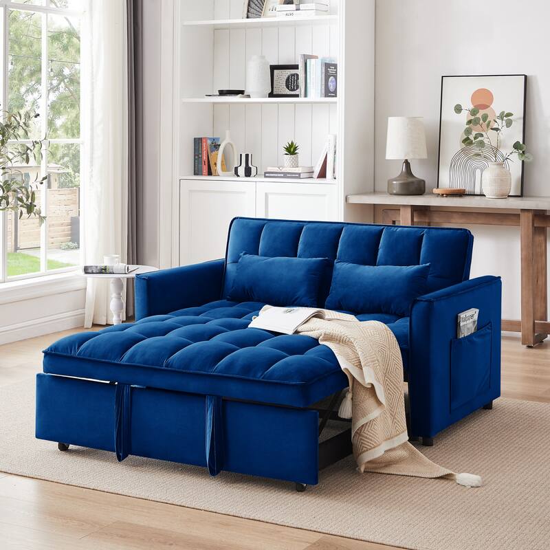 3 in 1 Convertible Sofa Bed, Pull Out Sleeper Sofa Couch with Adjustable Backrest, Storage Bag and Pillow, Velvet Futon Sofa Bed