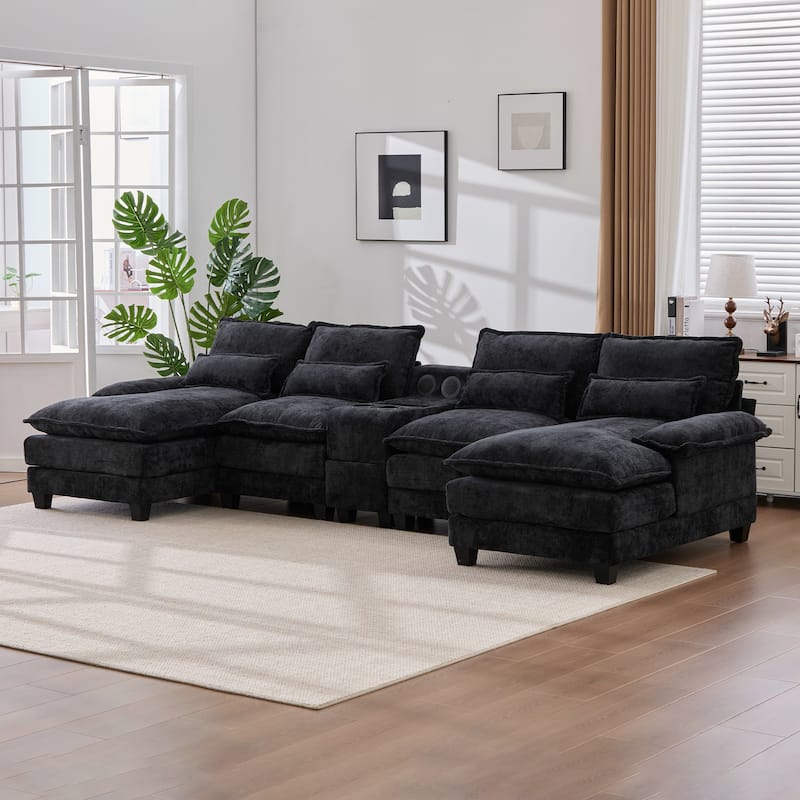 6-seat Chenille Upholstered Modern U-shaped Sectional Multifunctional Sofa with 2 Cup Holders,Pull-out Storage Space - Black
