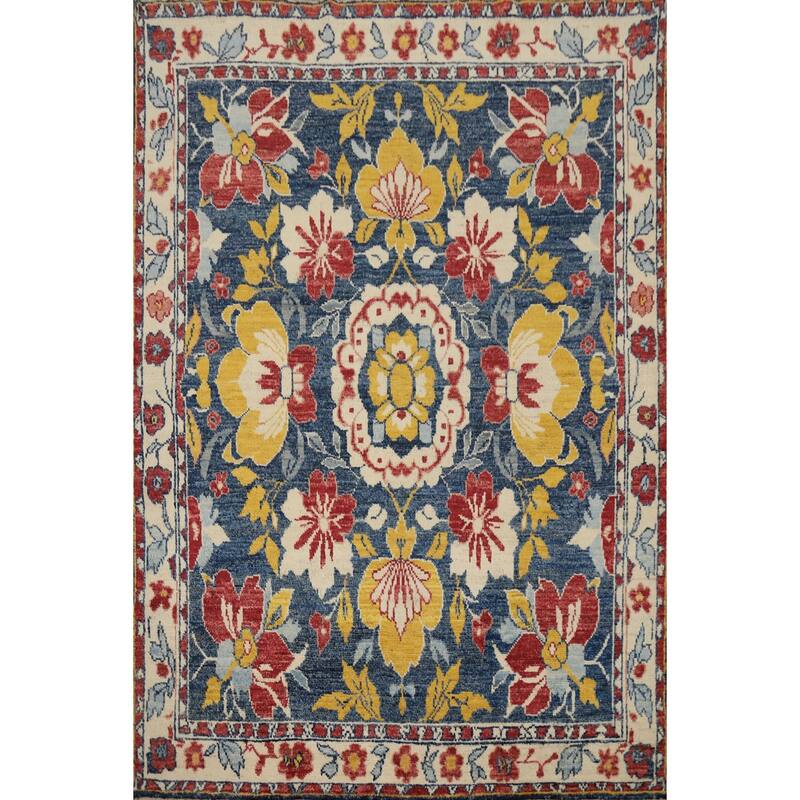 Hand Knotted Oriental 100% Wool Carpet Transitional Floral Navy Blue & Blues Oushak Area Rug - 6' 6'' X 5' 3''