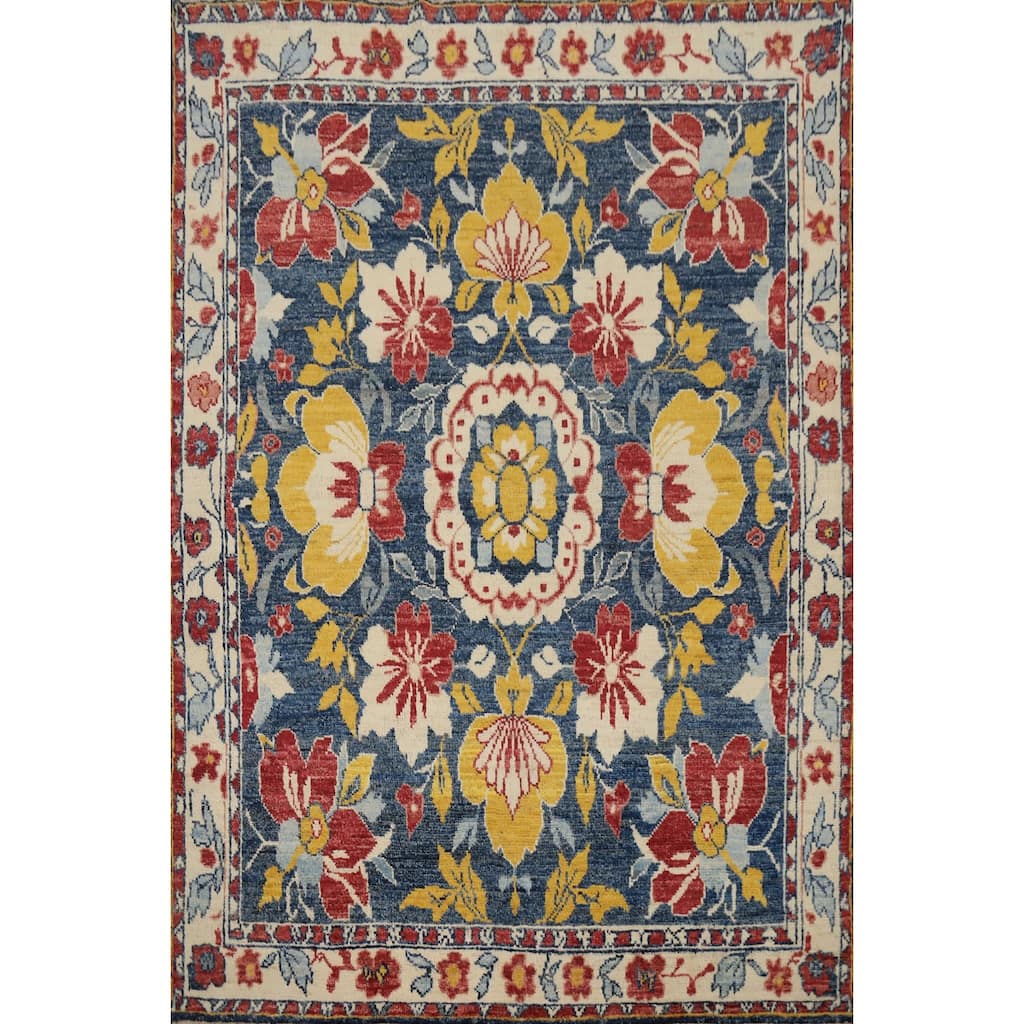 Hand Knotted Oriental 100% Wool Carpet Transitional Floral Navy Blue & Blues Oushak Area Rug - 6' 6'' X 5' 3''