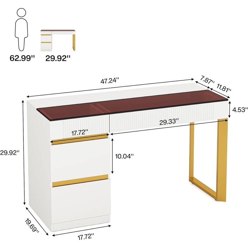 47 Inch Modern Computer Desk with 4 Drawers, Home Office Desk with Glass Top, Makeup Vanity Table