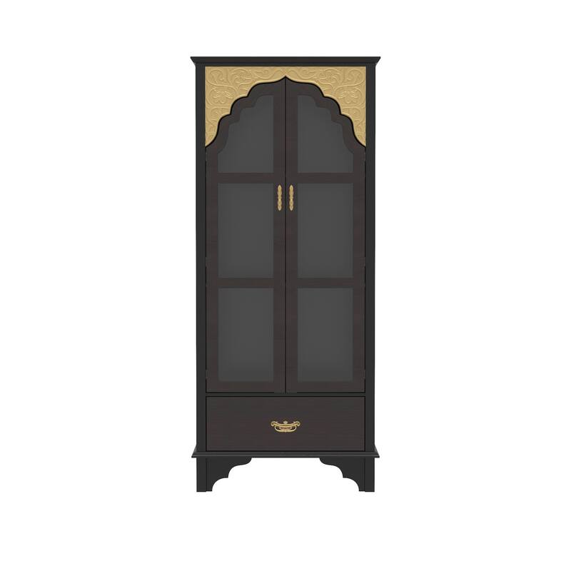 Oak Finish Fir Wood Wooden Curio Cabinet Display Storage Case Bathroom Cabinet Bookcase - 70.9"Hx31.5"W