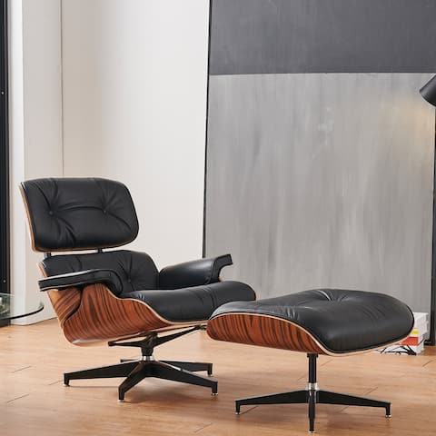 Stylish Walnut Plywood Lounge Chair Armchair Ottomans Set Handmade 100% Genuine Leather