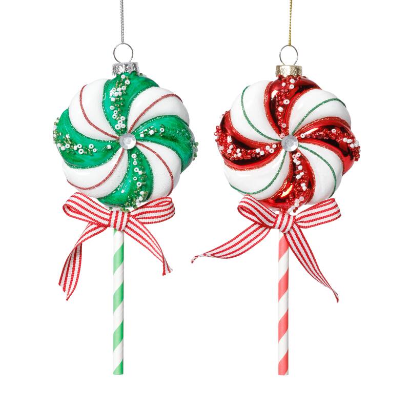 Glass Lollipop Christmas Ornaments, 6 Hanging Pieces (3 Sets of 2)