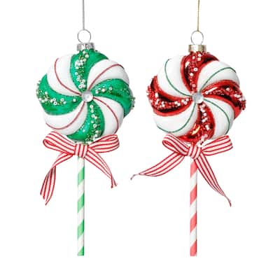 Glass Lollipop Christmas Ornaments, 6 Hanging Pieces (3 Sets of 2)