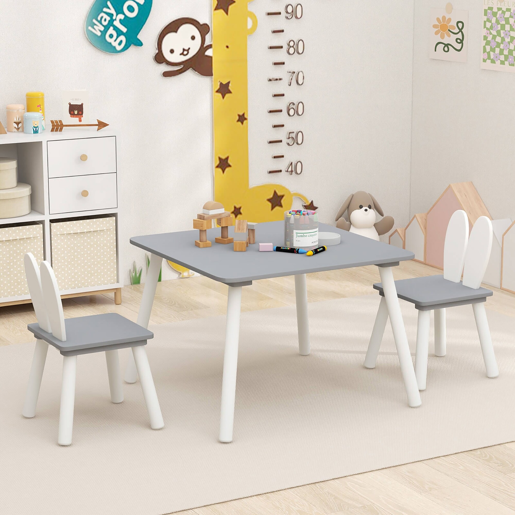 Gymax 3 Pieces Kids Table & Chairs Set Children Wooden