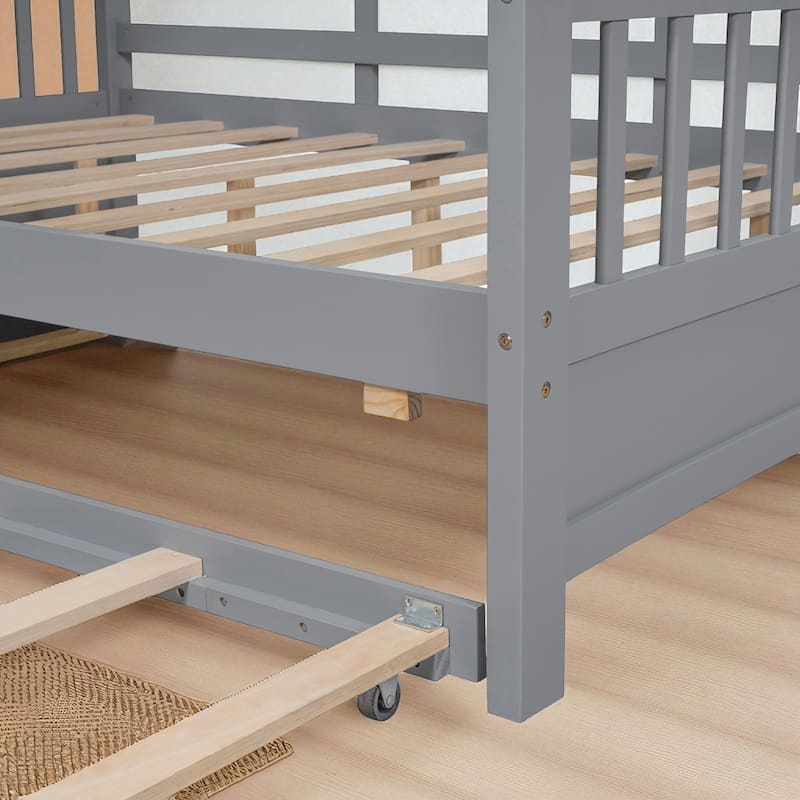 Wooden Twin/Full Size House Bed with Trundle, Storage Shelf & Roof Design - Kids Modern Playhouse Bed Frame