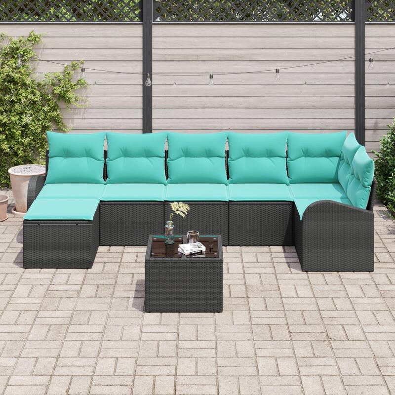 vidaXL 7/8 Garden Sofa Set with Cushions Black/Brown/Grey Poly Rattan - 113.8 x 48.8 x 27.2