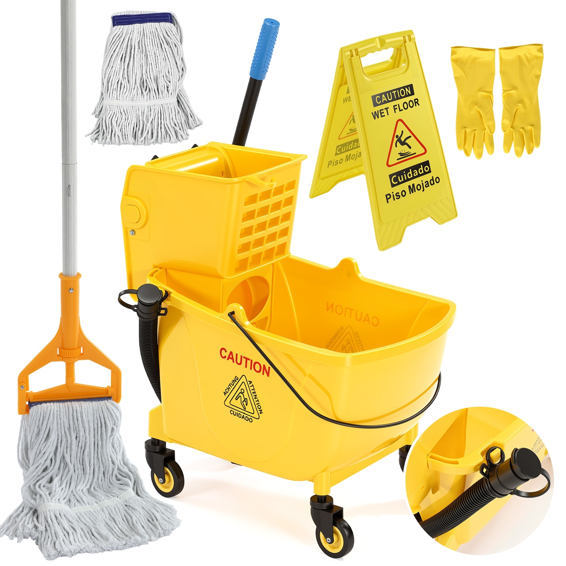 38 Qt Mop Bucket with Wringer on Wheels, Rolling Floor Cleaning Bucket Set with Cotton Mop & Mop Pad, Wet Floor Sign, Gloves