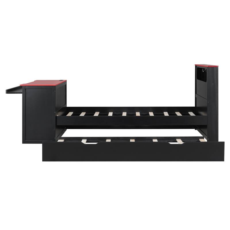 Wood Daybed with Trundle & Built-in Desk, LED Lights & USB Charging Port, Available in Full or Twin