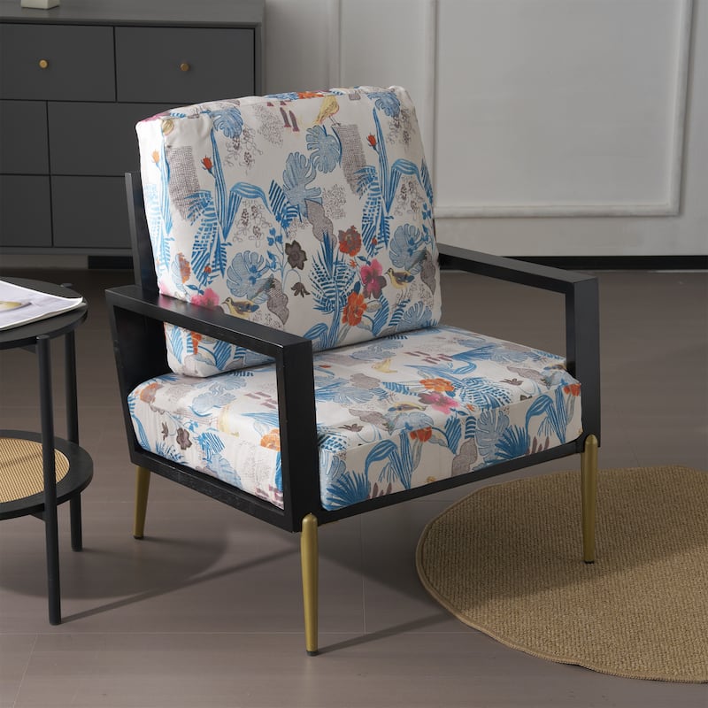Floral Print Velvet Accent Armchair with Metal Legs and Rubberwood Frame, Wide Armrest Sofa Chair with Pillow Back Lounge Chair - Antique Blue,Black+ Flower