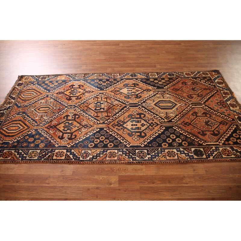Tribal Qashqai Persian Vintage Rug Hand-Knotted Orange Wool Carpet - 4'2"x 8'4"