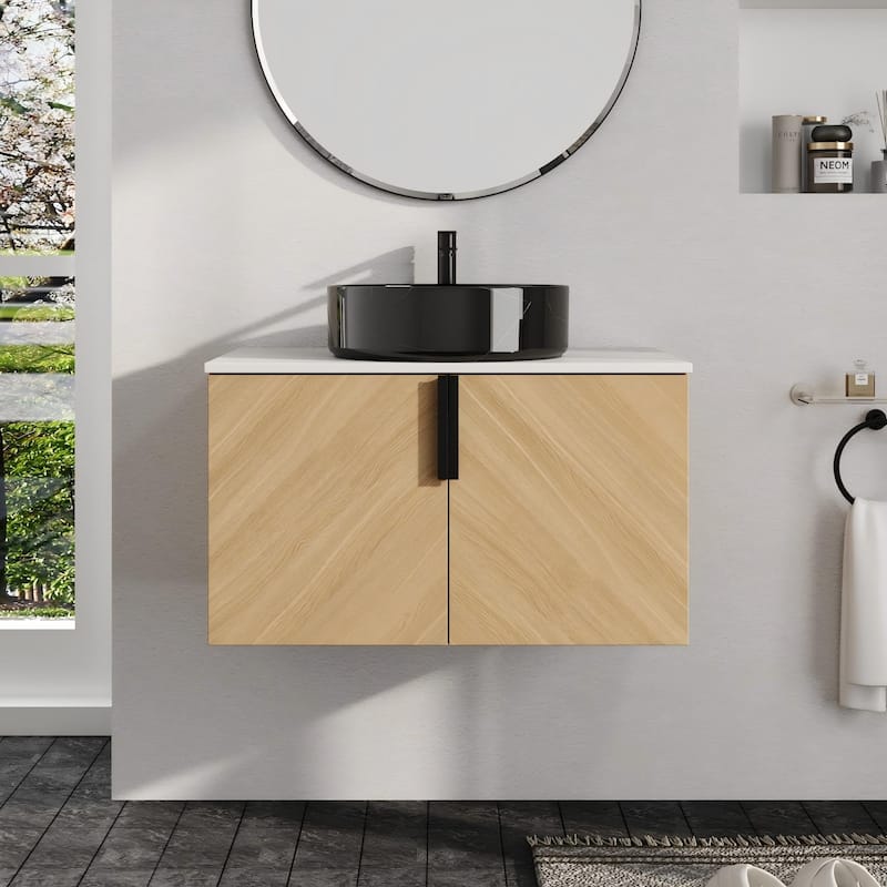 Malwee 30"/36" Floating Bathroom Vanity, Wall Mounted Bathroom Vanity with Ceramic Sink and Soft Close Door - Beige-Black with White Patterns Sink - 29.5"×18.9"×21.8"