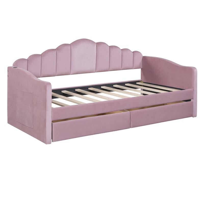 Upholstered Daybed with 2 Drawers,Velvet Sofabed w/USB Charging Ports